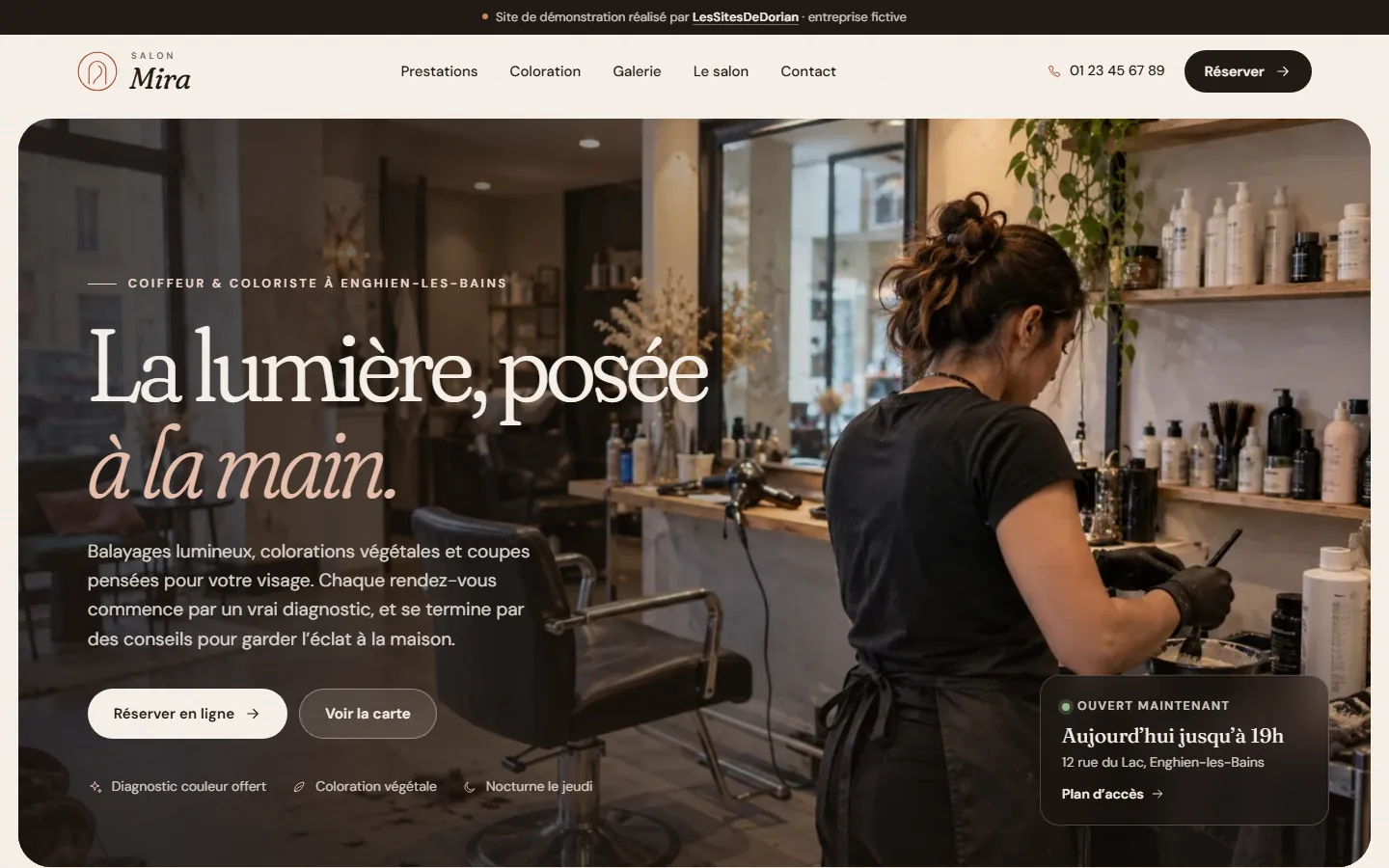 Page d’accueil du site de démonstration Salon Mira, coiffeur coloriste